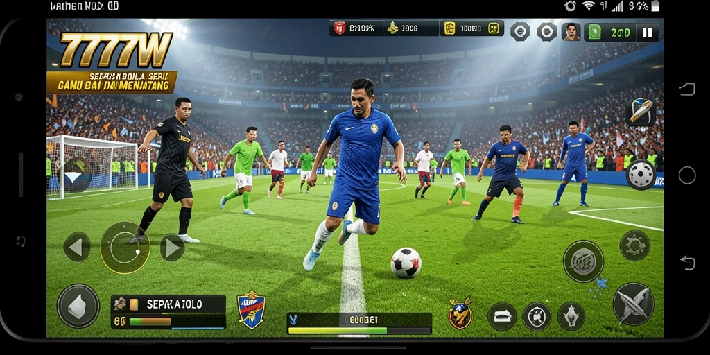 Screenshot utama 7777W menampilkan aksi pemain di lapangan sepak bola.