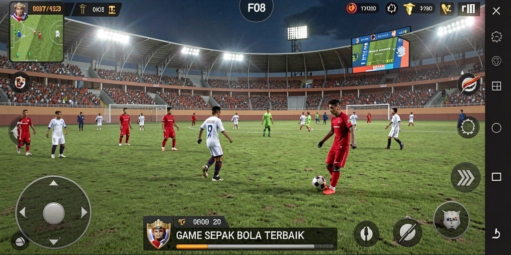 Screenshot utama FO8 menampilkan aksi permainan sepak bola yang seru.