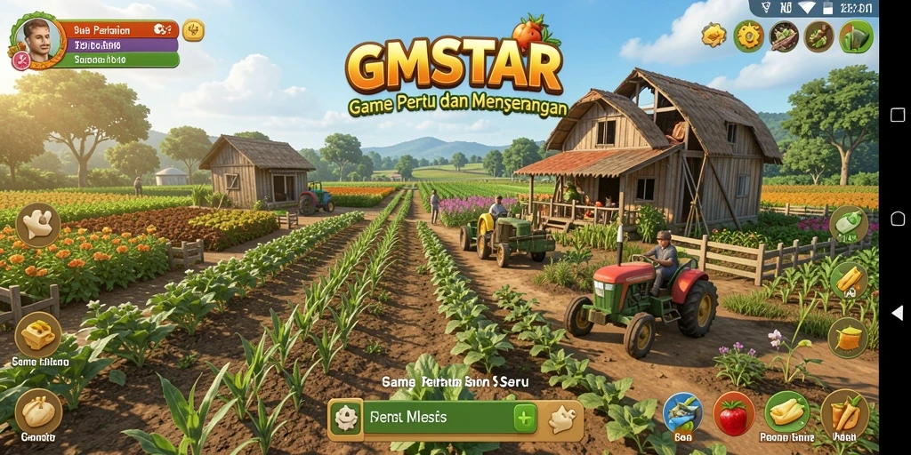 Tampilan gameplay GMSTAR yang menampilkan suasana pertanian yang ceria.