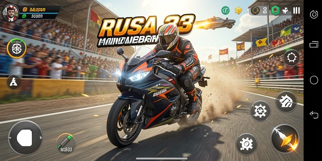 Tangkapan layar gameplay RUSA33 menampilkan balapan motor yang intens.