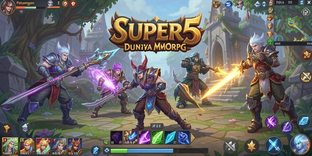 Tangkapan layar utama dari gameplay SUPER5 yang menampilkan pertempuran epik.